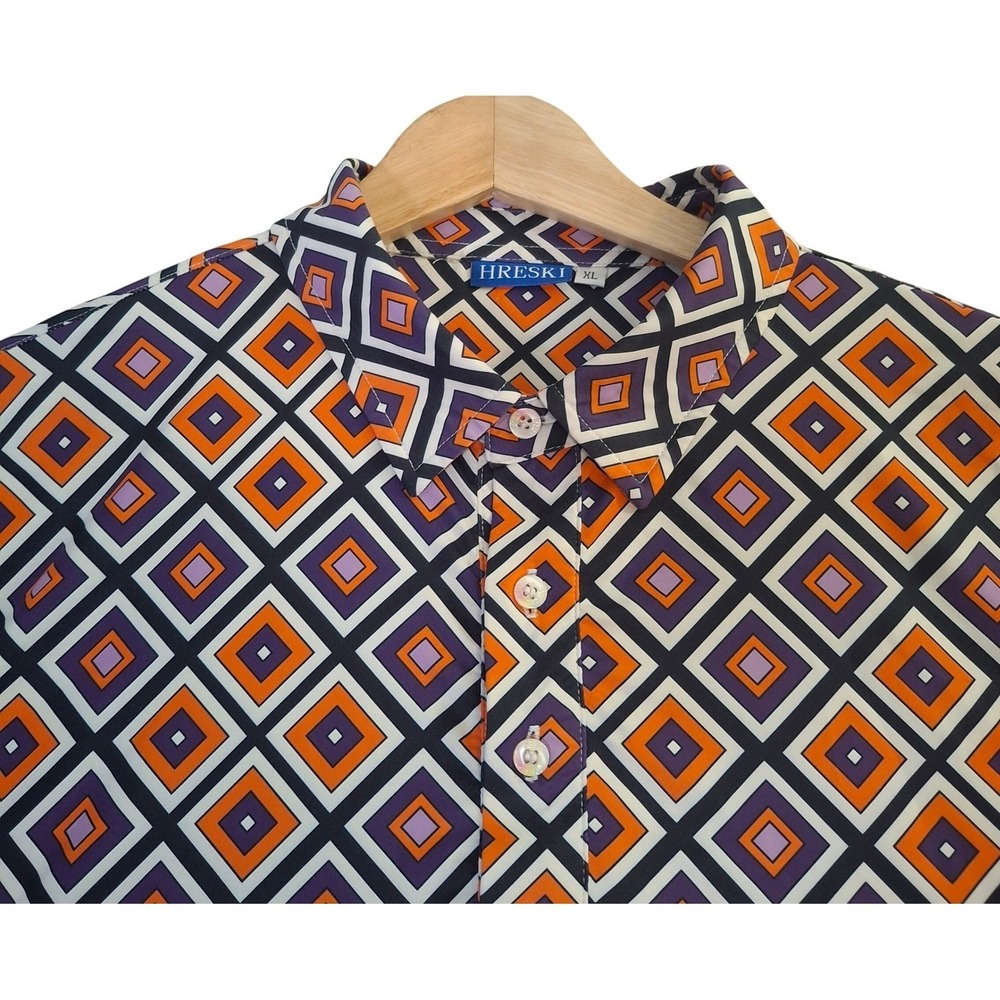 Hreski Geometric Polo Shirt Men's XL Diamond Print Orange Purple Retro Golf Top